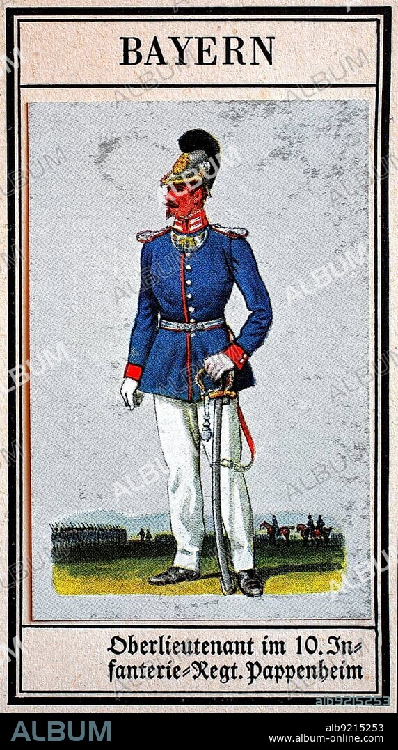 German Uniforms of the 19th century, Lines, Infantry: Bavaria, Oberlieutenant in the 10, Infantry Regiment Pappenheim, Historical, digitally restored reproduction of a public domain collector's picture from the early 20th century.