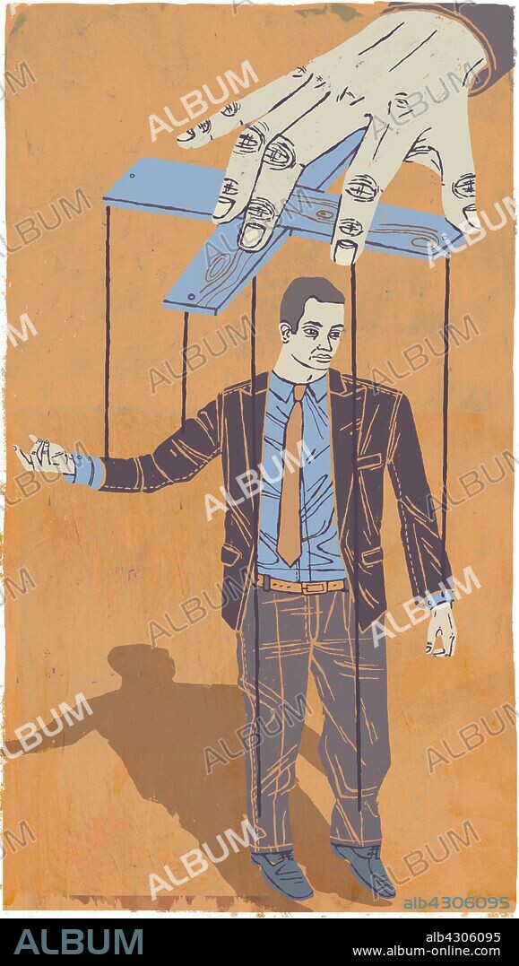 Hand controlling businessman puppet on a string.