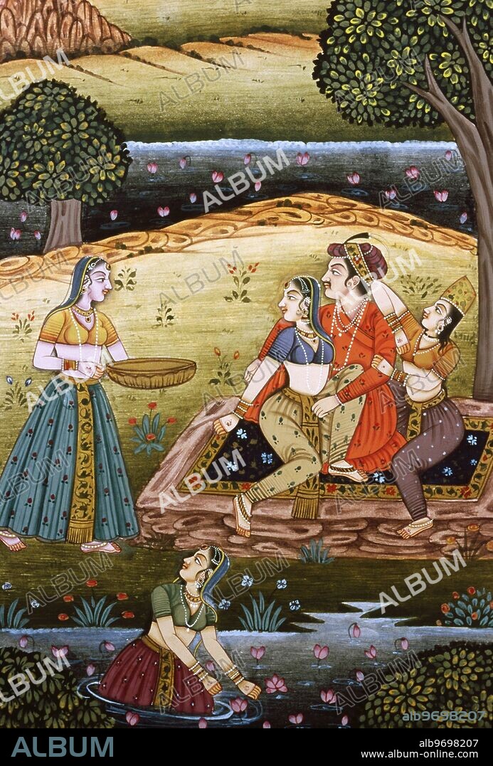 painting of mughal emperor with his wives in love scene - india.