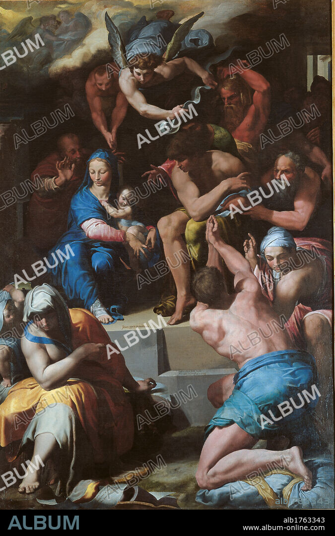 Adoration of the Shepherds, by Pellegrino Tibaldi known as Pellegino de Pellegrini, 1548-1549 about, 16th Century, oil on canvas, cm 157 x 105. Italy, Lazio, Rome, Borghese Gallery. All. Virgin Mary Baby Child Jesus men shepherds angels semi nude bodies light. Authorization required for non editorial use.