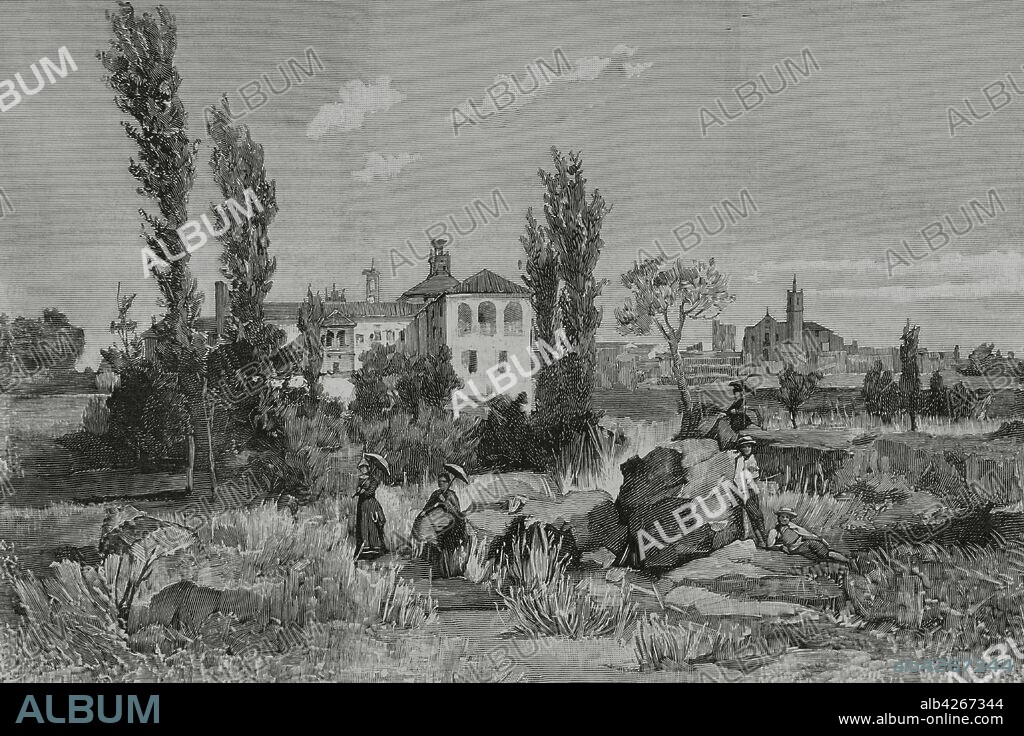 España. Extremadura. Provincia de Cáceres. Valencia de Alcántara. Palacio de los Señores Duques de la Victoria, antiguo convento de San Francisco. Copia de un cuadro de Manuel Ojeda. Grabado por Bernardo Rico (1825-1894). La Ilustración Española y Americana,30 de octubre de 1881.