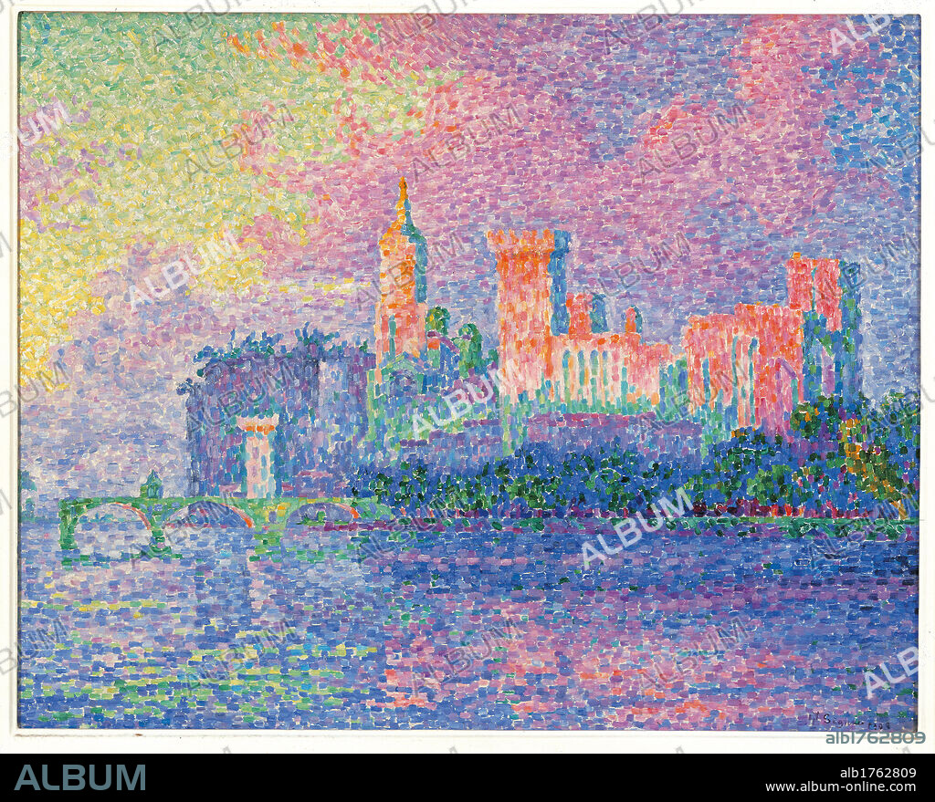 The Papal Palace at Avignon, by Paul Signac, 1909, 20th Century, oil on canvas, cm 73,5 x 92,5. France, Ile de France, Paris, Muse dOrsay, RF1977-323. All. The Papal Palace at Avignon port yellow green azure light blue bank water waves tower clouds pink sail bridge.  Please remember that author's rights have to be cleared for modern and contemporary works of arts.
