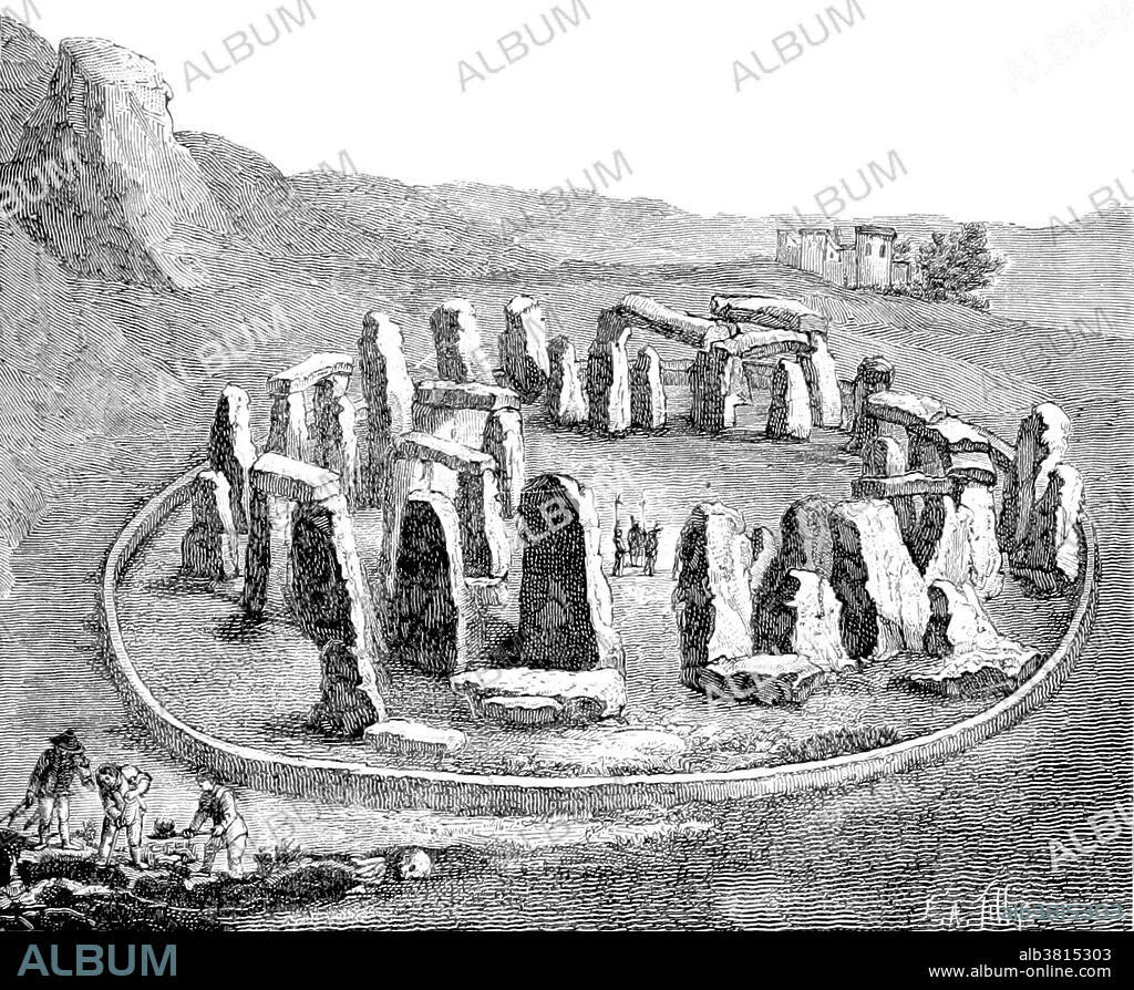 Stonehenge is a prehistoric monument in Wiltshire, England. One of the most famous sites in the world, Stonehenge is the remains of a ring of standing stones set within earthworks. It is in the middle of the most dense complex of Neolithic and Bronze Age monuments in England, including several hundred burial mounds. Archeological evidence indicates that Stonehenge could have been a burial ground from its earliest beginnings. The dating of cremated remains found on the site indicate that deposits contain human bone from as early as 3000 BC, when the ditch and bank were first dug. Such deposits continued at Stonehenge for at least another 500 years. Throughout the 20th century, Stonehenge began to be revived as a place of religious significance, this time by adherents of Neopagan and New Age beliefs, particularly the Neo-druids. The site and its surroundings were added to the UNESCO's list of World Heritage Sites in 1986. Illustration not captioned or dated depicts a sheep herder with his flock in the ruins of Stonehenge. Image taken from page 521 of "La crÃ©ation de l'homme et les premiers Ã¢ges de l'humanitÃ©, Ouvrage illustrÃ©, with a preface by C. Flammarion, 1887.