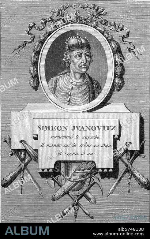 Simeon Iwanowitsch, genannt Gordy (der Stolze), Fürst von Moskau und Großfürst von Wladimir; 1316-1353. "SIMEON IVANOVITZ". Kupferstich, undat., 2. Hälfte 18. Jh., von Pauquet nach Zeichnung von Chevalier. Paris, Privatsammlung.