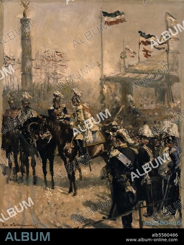 ROBERT WARTHMUELLER. Bismarck, Otto von Statesman, Chancellor, 1815-1898. "Kaiser Wilhelm I thanking Prince Bismarch, at the unveiling of the Siegess{ule" (Berlin, 2 Sept. 1873). Oil sketch. Robert Warthm}ller, 1894.