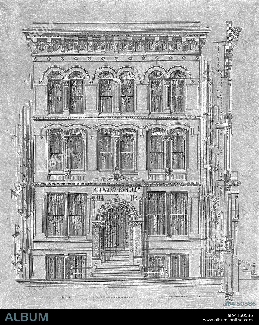 DRAKE AND WIGHT CARTER. Stewart-Bentley Building: Presentation Drawing, Front Elevation and Exterior Wall Section. Carter, Drake and Wight, architects; American, 1871-1873; John Wellborn Root, delineator; American, 1850-1891; Peter Bonnett Wight, designer; American, 1838-1925. Date: 1872. Dimensions: 49.5 x 40.8 cm. Ink on tracing paper, mounted on heavy paper. Origin: Dearborn Street, 30-32 North.