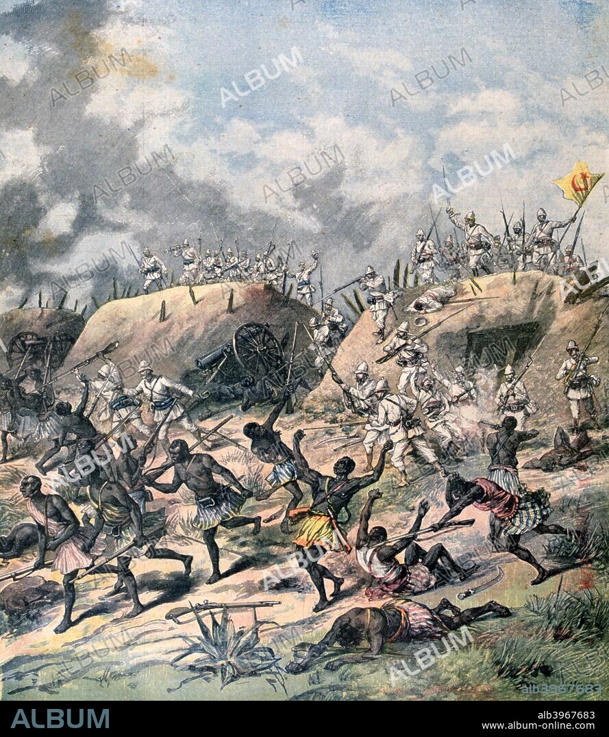 The French attack on Kana, Dahomey, Africa, 1892. Between 1892 and 1894 Dahomey was conquered by French troops from Senegal and incorporated into France's West African colonies. A print from a supplement to the Le Petit Journal, 19th November 1892.