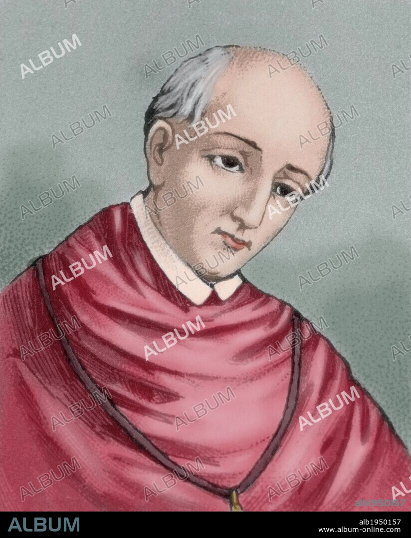 Vasco de Quiroga (1470-1565). First Bishop of Michoacan (Mexico). Mexican engraving, 1885. Colored. Department of Prints and Engravings. Library of Catalonia. Barcelona. Spain.