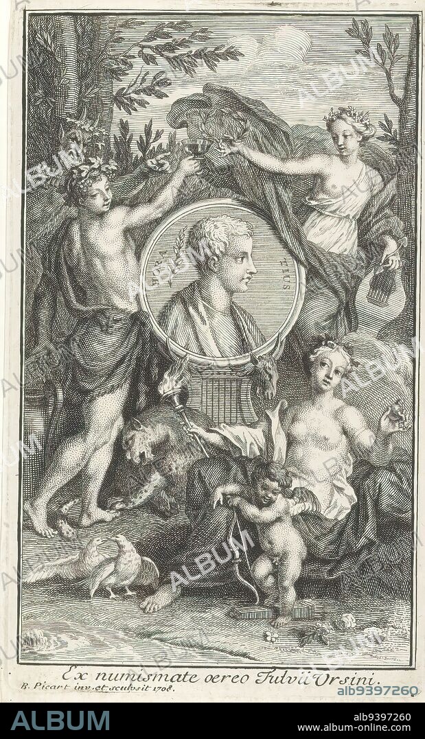 Portrait of Horace, Medallion with the portrait of the Roman poet Quintus Horatius Flaccus. Bacchus and Poetry laud and toast him. Pan points to the glass of wine in Apollo's hand. In the foreground Venus and Amor, accompanied by two doves., print maker: Bernard Picart, after own design by: Bernard Picart, 1708, paper, engraving, etching, height 140 mm × width 84 mm.