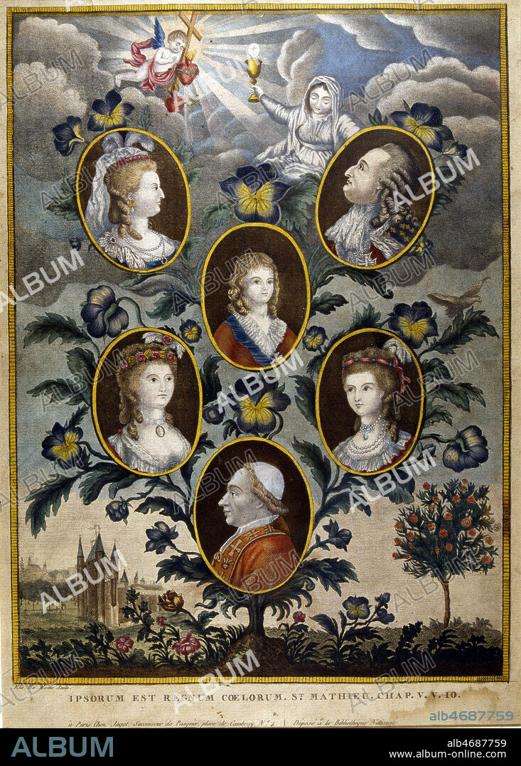 PIE VII et les membres de la famille royale, en forme d'arbre genealogique. Gravure coloriee par Moitte, epoque Directoire. Imagerie parisienne, LOUIS XVI, LOUIS XVII, Revolution Francaise. Credit JEAN VIGNE/KHARBINE TAPABOR.