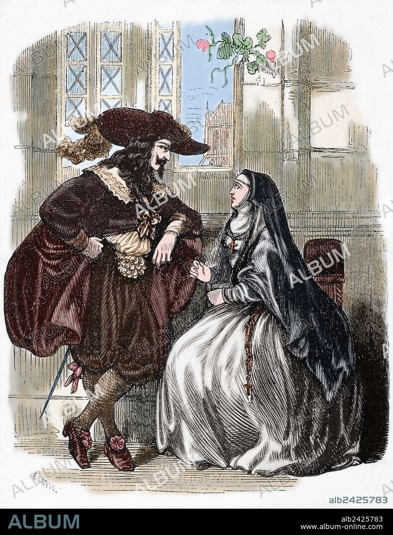 Luis XIII de Francia, llamado el Justo (1601-1643). Rey de Francia de 1610-1643. "Luis XIII visitando en el convento de la Visitación a Luisa de la Fayette (1616-1655), dama de honor de la reina Ana de Austria y crítca de Richelieu". Grabado coloreado.