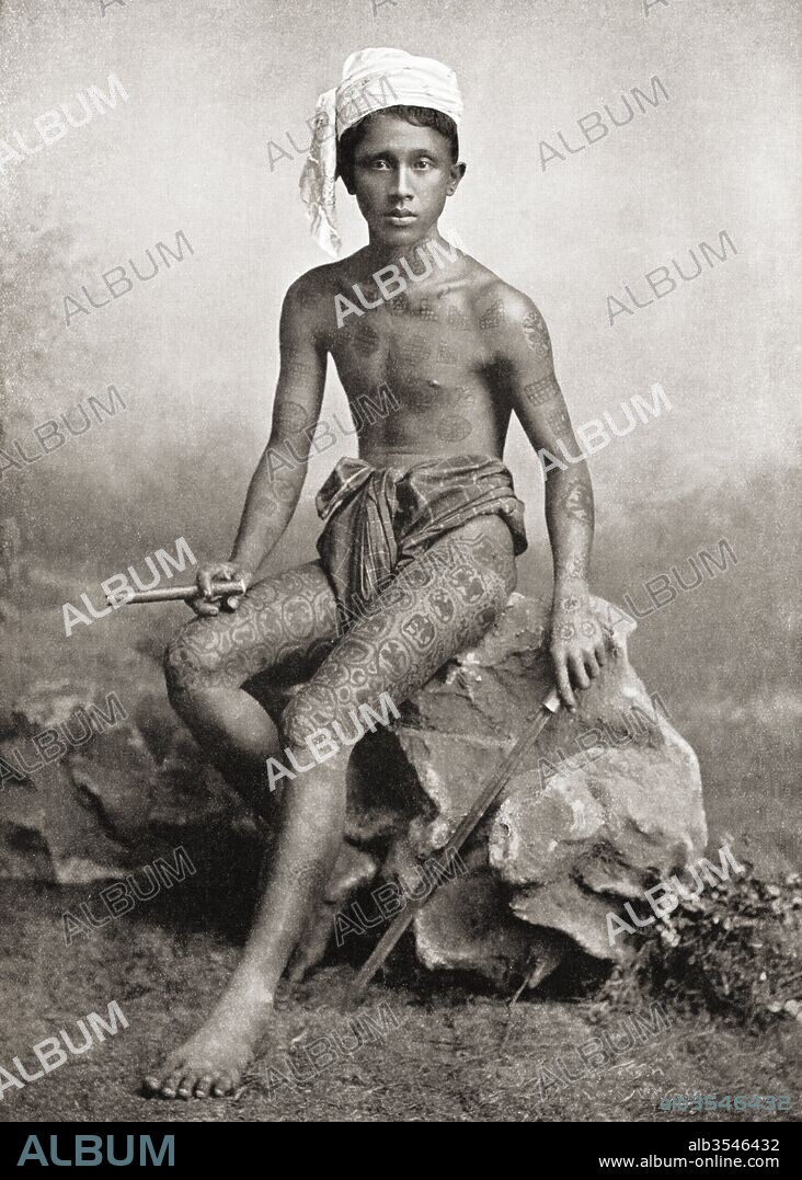 Burmese tattooing. Most Burmese were tattooed in blue from the waist, about the top of the cloth to the knee. The figures of tigers, ogres etc were encircled with scroll lettering. The tattooing of the body and arms was in red and was intended to secure immunity from sword or gunshot wounds, or success in love. After a 19th century photograph. From Customs of The World, published c.1913.