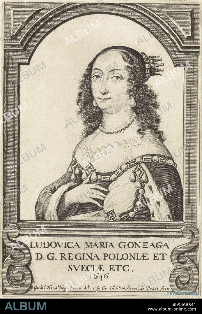 Portrait of Louise Marie, with loose hair and a crown slanted at the back of her head. She wears richly jeweled clothing, a string of pearls around her neck and drop earrings., Portrait of Louise Marie, Queen of Poland, from 1646 Ludovica Maria Gonzaga D.G. Regina Poloniae et Sveciae etc. 1646 (title on object), print maker: Stephan de Praet, (mentioned on object), intermediary draughtsman: Willem Hondius, (mentioned on object), publisher: Willem Hondius, (possibly), Danzig, 1646, paper, engraving, h 166 mm × w 112 mm.