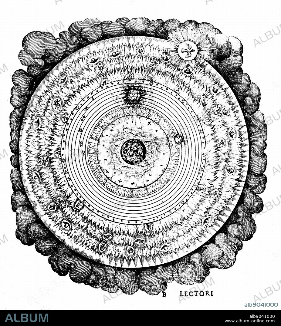 Geocentric universe showing the Earth surrounded by the spheres of water, air and fire, and by the spheres of the Moon, Sun and planets and the sphere of the fixed stars. Beyond these lies Heaven with the hierarchies of angels and the abode of God, represented here by the dove of the Holy Spirit. From Robert Fludd 'Ultriusque cosmi... historia', Oppenheim, 1617-1619. Engraving.