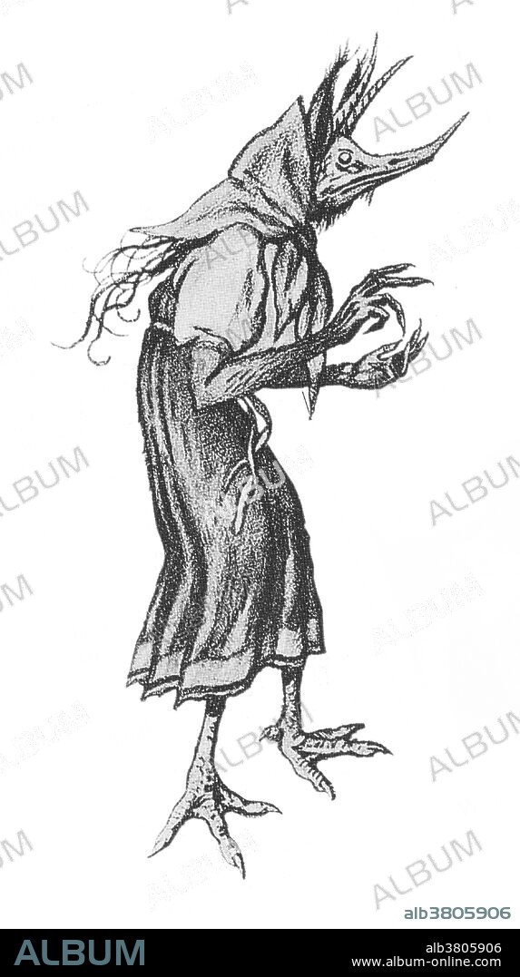 Kikimora is a legendary creature, a female house spirit in Slavic mythology. When she inhabits a house, she lives behind the stove or in the cellar. There are two different kinds of Kikimoras. The one that comes from the forest is married to the Domovoi. The other one comes from the swamp, and she is married to Leshy. You can tell she's around by her wet footprints. When home builders wanted to do something harmful to the person buying the house, they would bring in Kikimora. Once inside, it is difficult to get her to leave. When the house is in order, Kikimora looks after the chickens and housework. If not, she whistles, breaks dishes, and makes noises at night. She also comes out at night to spin. Ivan Yakovlevich Bilibin (August 16, 1876 - February 7, 1942) was a Russian illustrator and stage designer who was inspired by Slavic folklore. He gained renown in 1899, when he released his illustrations of Russian fairy tales. He died in 1942 during the.