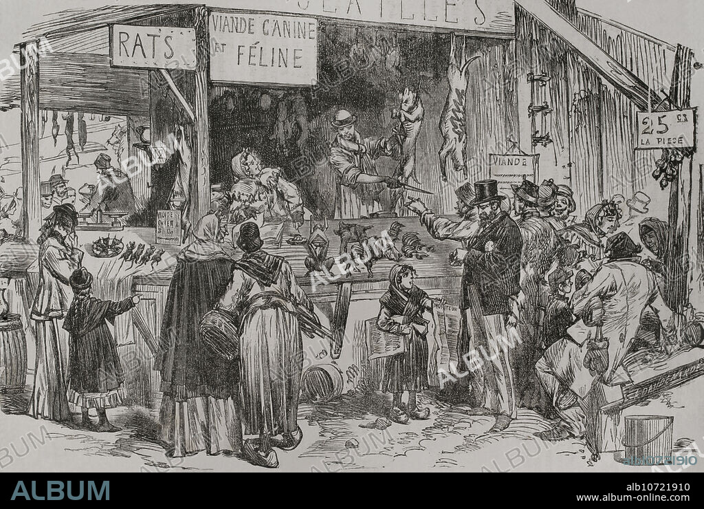 Guerra Franco-Prusiana (1870-1871). Sitio de París (19 de septiembre de 1870 al 28 de enero de 1871). Despacho de carne de perro, gato y rata en el Faubourg Saint-Germain durante el asedio de la ciudad. Grabado. "Historia de la Guerra de Francia y Prusia". Tomo II. Publicado en Barcelona, 1871.