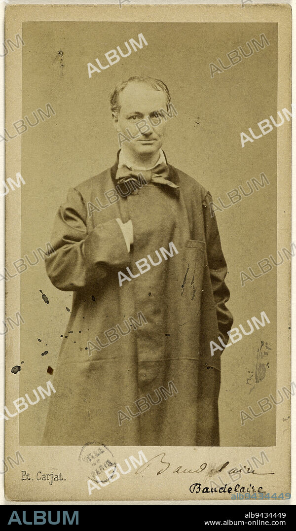 Portrait of Charles Baudelaire (1821-1867), poet, Carjat, Etienne, Photographer, Carjat & Cie, Photographer, Between 1861 and 1865, 2nd half of the 19th century, Photography, Graphic arts, Photography, Albumen paper print, Dimensions - Work: Height: 8.8 cm, Width: 5.4 cm, Dimensions: Height: 10.5 cm, Width: 6 cm.