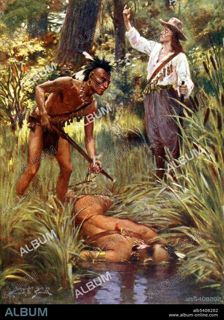 King Philip's War was an armed conflict in 1675-78 between Indian inhabitants of New England and colonists and their Indian allies. Metacomet AKA King Philip wanted to push out the colonists because of conflicts over land use, diminished game, and other tensions. Hunted by a group of rangers led by Captain Benjamin Church, Metacomet was fatally shot by John Alderman, a Wampanoag Indian, on August 12, 1676, in the Misery Swamp, Rhode Island. After his death, his wife and 9 year-old son were captured and sold as slaves in Bermuda. His was mounted on a pike at the entrance to Plymouth, where it remained for more than two decades. His body was cut into quarters and hung in trees. Alderman was given Philip's right hand as a trophy. Published by W. A. Wilde Company, 1904 (cropped and cleaned).