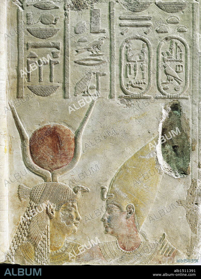 Egyptian civilization, Late Period, Dynasty XXX. King Nectanebo II (360-343 b.C.) welcomed by goddess Isis, painted limestone relief, from Serapeum at Saqqara.