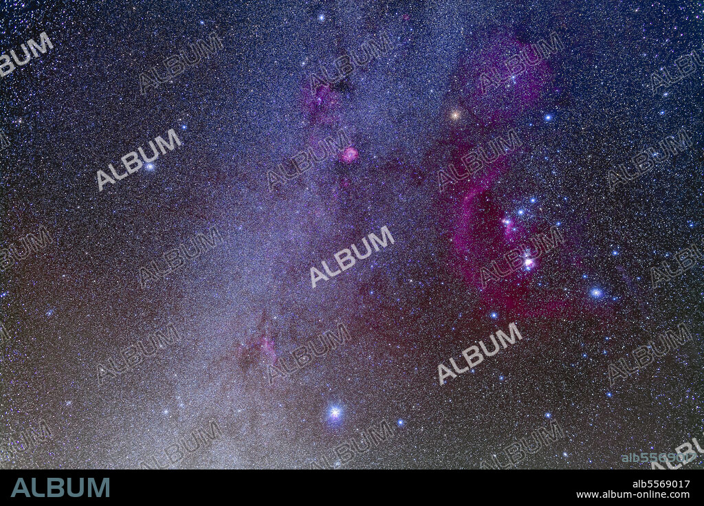 Orion and Canis Major, taking in Canis Minor as well, including the dog stars Sirius (lower) and Procyon (upper left). Around Orion you can see Barnard's Loop, as well as the Horsehead Nebula area below the Belt of Orion and the Orion Nebula in the Sword of Orion. Betelgeuse is at top left of Orion, Rigel at bottom right.