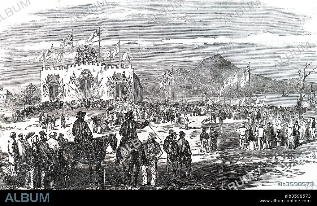 Engraving depicting the laying of the foundation stone of Geelong Train Station. Dated 19th century.