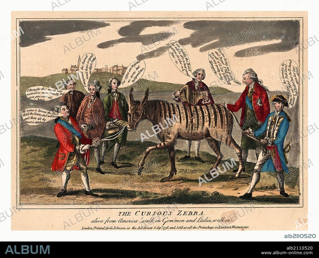 The curious zebra alive from America! walk in gem'men and ladies, walk in, Cartoon shows a group of men, including George Washington who is standing to the right holding the tail of the zebra, and Lord North, standing on the left gripping the reins, trying to guide the zebra on whose stripes are the names of the thirteen colonies.