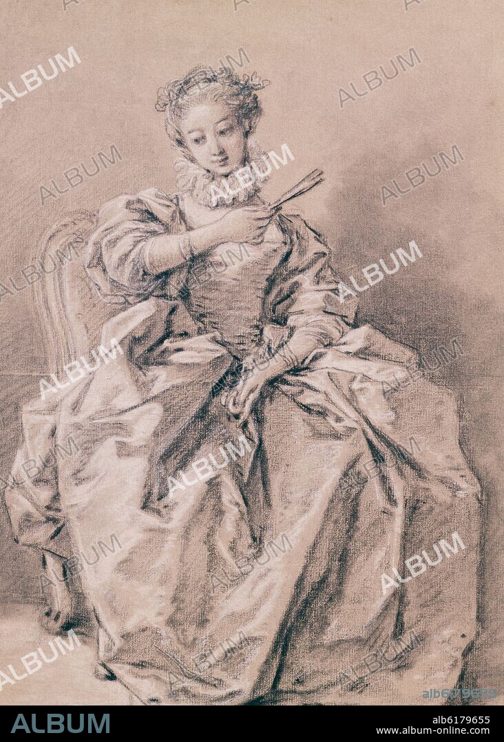 FRANÇOIS BOUCHER (1703-1770). MUJER CON UN ABANICO - 1750 - DIBUJO - ROCOCO FRANCES.
