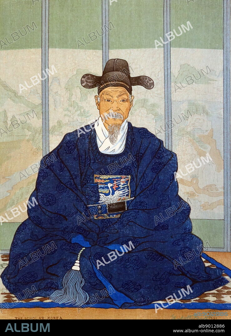 Colour woodcut titled 'The Scholar'. By Elizabeth Keith (1887-1956) Scottish, self-taught artist making watercolours and drawings. Dated 1921.