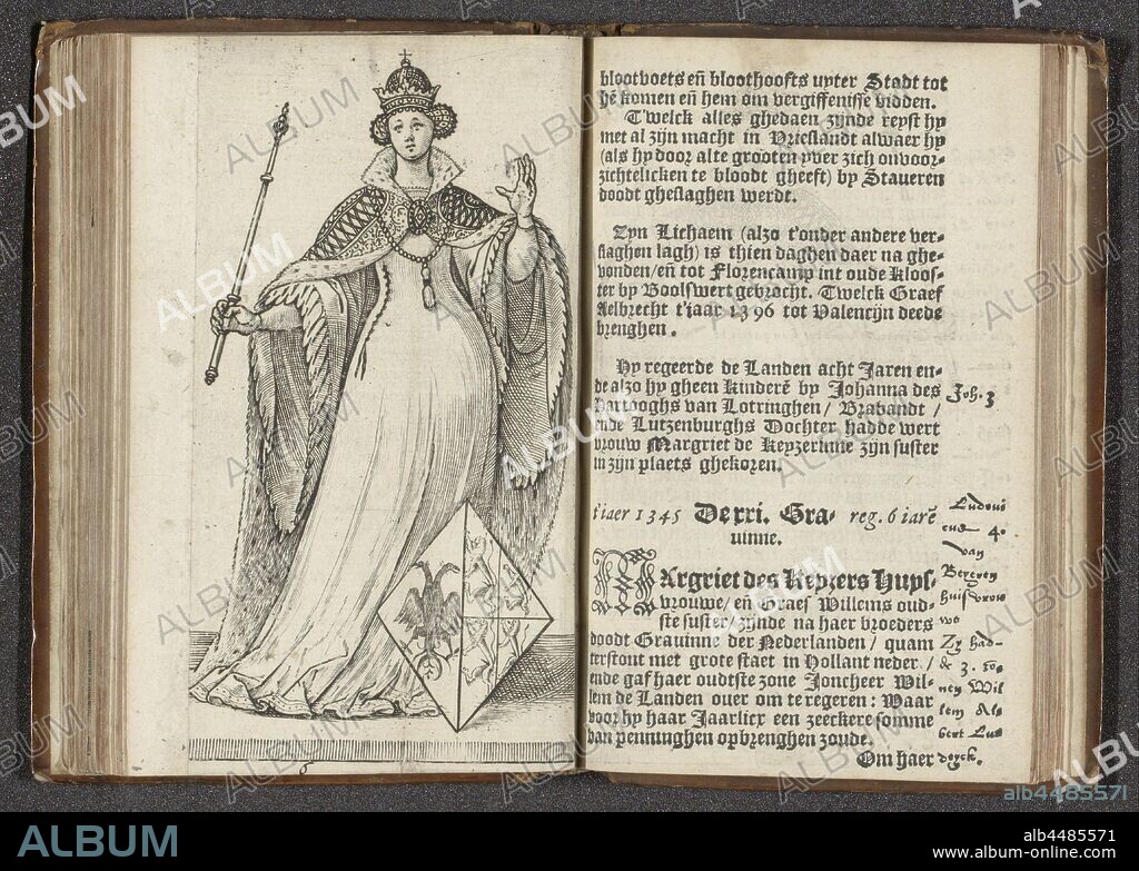 Margaret of Bavaria Arrival and brief history of the counts of Hollandt Zeelandt ende Vrieslandt (series title) Counts and Countesses of Holland (series title), Margaret of Bavaria, full length, with scepter and crown. Her weapon shows a double-headed eagle, shared with four climbing lions. Numbered at the bottom 6. The print is part of a book with descriptions and representations of the counts of Holland, Zeeland and Friesland, historical persons, Margaretha van Beieren, Hendrick Goltzius, 1586 - 1587, paper, engraving, h 135 mm × w 85 mm.