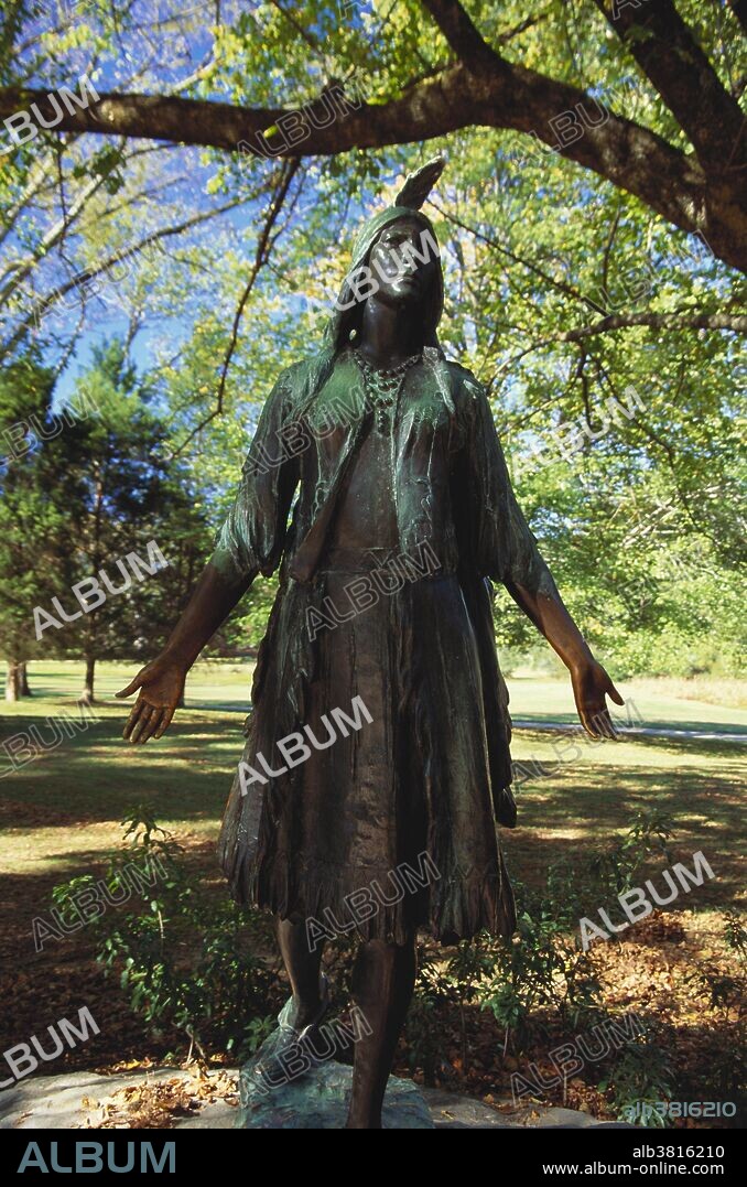 Statue of Pocahontas, the daughter of Chief Powhatan who married John Rolfe, in Jamestown, Virginia, a National Historic Site.