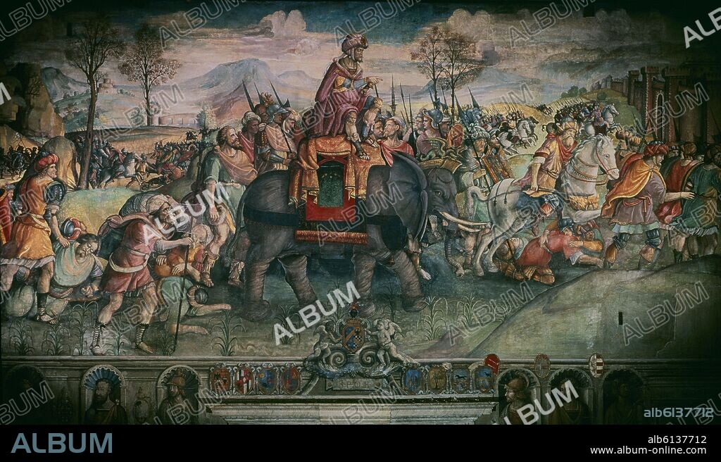 JACOPO RIPANDA. ANIBAL CRUZANDO LOS ALPES PARA LLEGAR A ITALIA - FRESCO DEL SIGLO XVI.