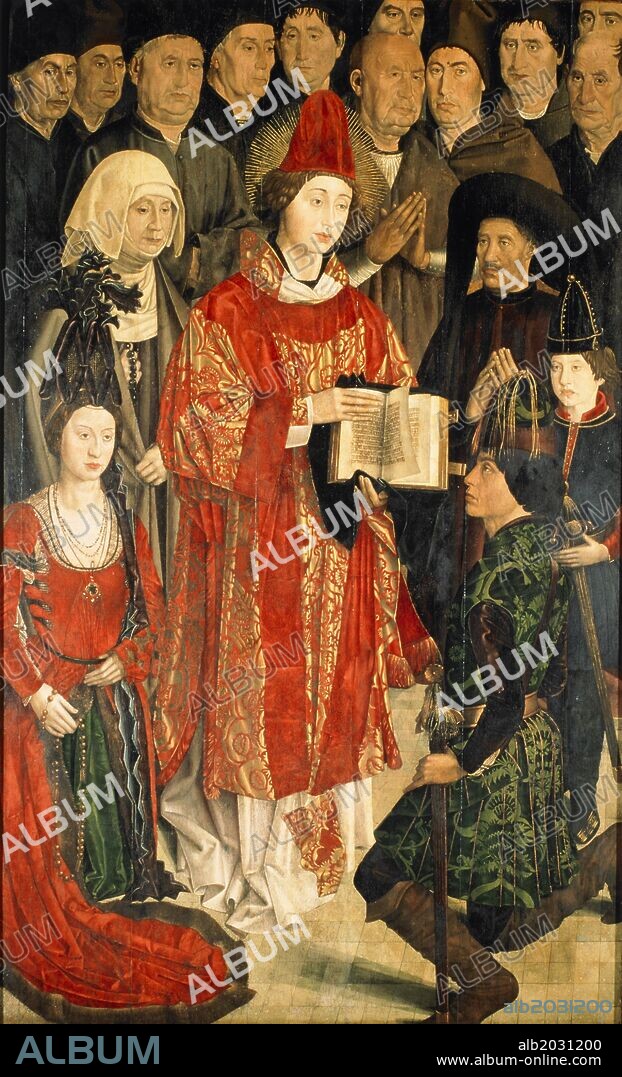 NUNO GONÇALVES. Altar de San Vicente, Enrique de Portugal con sombrero, San Vincente y la familia real portuguesa, hacia 1470, panel.
