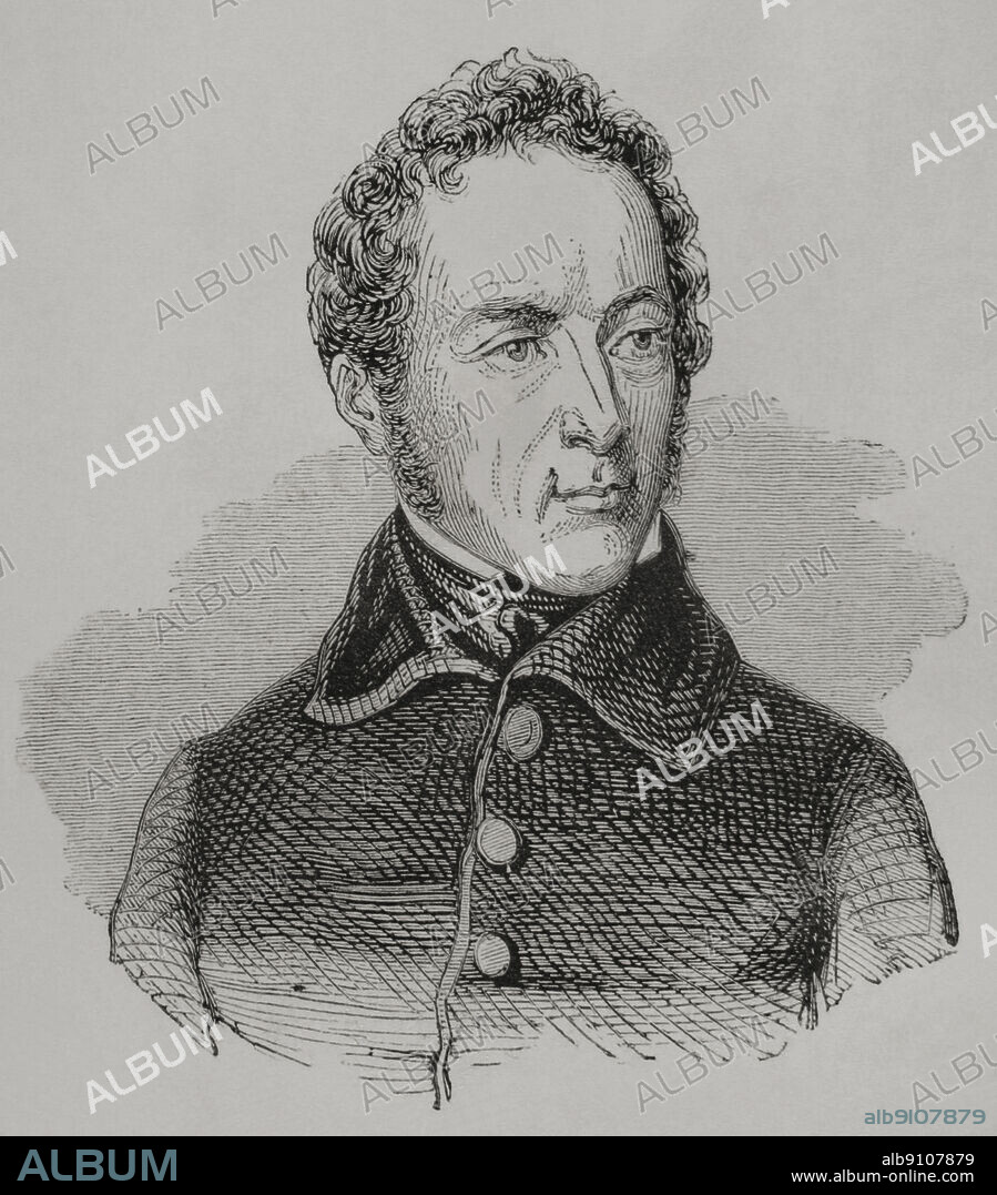 Alphonse de Lamartine (1790-1869). Escritor romántico y político francés. En 1848 fué nombrado ministro de Asuntos Exteriores en el gobierno, llegando a presidir un gobierno provisional en la recién proclamada República, desde el 24 de febrero al 11 de mayo de 1848. Abandonó la política tras el golpe de Estado de Napoleón III en 1851. Retrato. Grabado. "Los Héroes y las Grandezas de la Tierra". Tomo VI. 1856.
