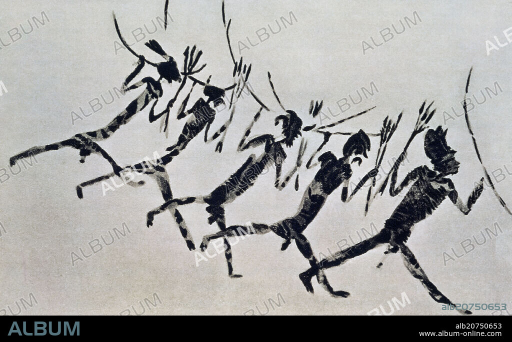 REPRODUCCION DE PINTURA RUPESTRE-DANZA RITUAL-CAZADORES Y JEFE.