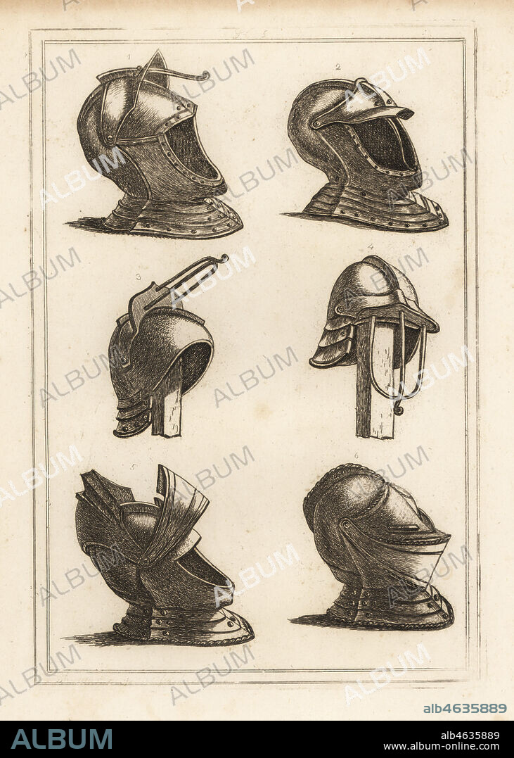 Helmets from the Tower of London. Barred helmet with bar up and down 1,2, three-bar helmet with bars up and down 3,4, and helmet with visor and bever 5,6. Copperplate engraving from Francis Grose's Military Antiquities respecting a History of the English Army, Stockdale, London, 1812.