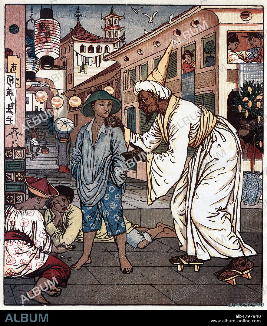 ALADDIN et la Lampe Merveilleuse: le jeune ALadin rencontre le magicien, debut du conte. Illustration de WALTER CRANE, pour un livre pour enfant vers 1870 1880. Lithographie. Credit COllection KHABRINE TAPABOR.