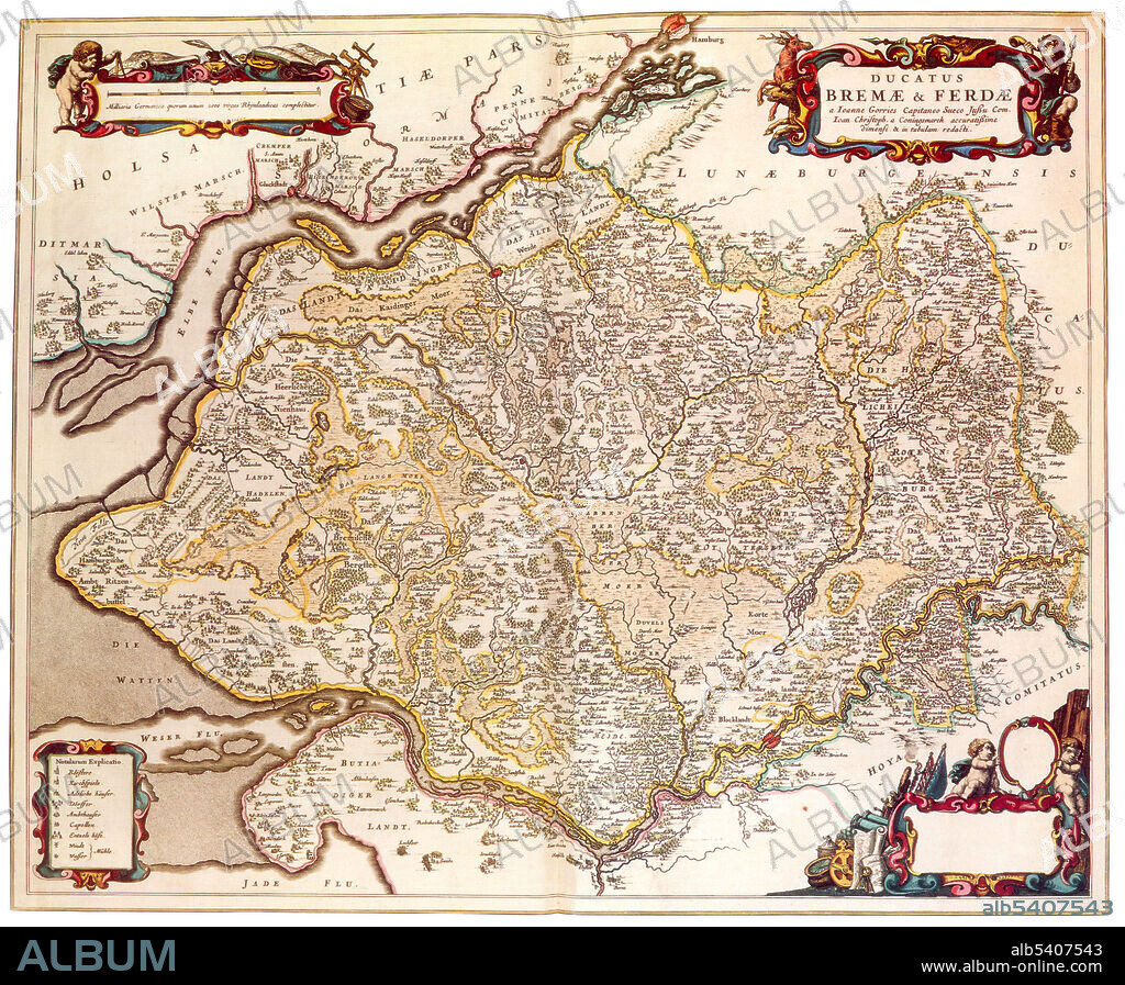 Bremen-Verden, formally the Duchies of Bremen and Verden, were two territories and immediate fiefs of the Holy Roman Empire, which emerged and gained imperial immediacy in 1180. In 1648, both prince-bishoprics were transformed into hereditary monarchies by constitution, and from then on both the Duchy of Bremen and the Duchy of Verden were always ruled in personal union. With the dissolution of the Holy Roman Empire in 1806, Bremen-Verden's status as fiefs of imperial immediacy became void. Joan Blaeu (1596-1673) was a Dutch cartographer, the son of cartographer Willem Blaeu. In 1635 they published the Atlas Novus (full title: Theatrum orbis terrarum, sive, Atlas novus) in two volumes. The Atlas Maior is the final version of Joan Blaeu's atlas, published in Amsterdam between 1662 and 1672, in Latin, French, Dutch, German and Spanish, containing 594 maps and around 3,000 pages of text.