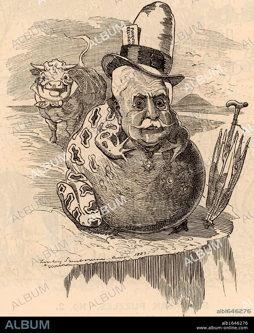 Ferdinand de Lesseps (1805-1894) French diplomat and canal promoter. The Suez Canal project, begun in 1860 was successfully completed in 1869. His project for a Panama Canal, begun in 1881, was abandoned in 1888.  Cartoon by Edward Linley Sambourne in the Punch's Fancy Portraits series from "Punch" (London, 11 August 1883).  (Photo by: Universal History Archive/UIG via Getty Images).