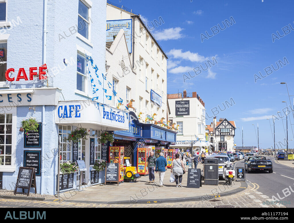 Scarborough South Bay sea front cafes and shops, Scarborough, North Yorkshire, England, United Kingdom, Europe.