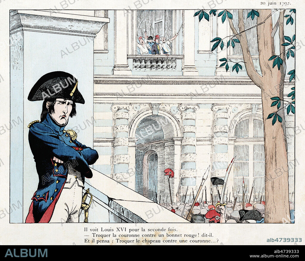 Il voit LOUIS XVI pour le seconde fois.- Troquer la couronne contre un bonnet rouge et il pensa: troquer le chapeau contre une couronne (20 jin 1792). illustration vers 1893 par JOB (1858-1931) pour Le grand Napoleon des petits enfants par Jules de MARTHOLD (1847-1927). Credit : Coll. Jonas/KHARBINE-TAPABOR.