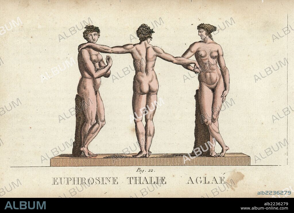 The three graces of Greek mythology: Thalia goddess of festivities, Euphrosyne goddess of joy, and Aglaea goddess of beauty. Handcoloured copperplate engraving engraved by Jacques Louis Constant Lacerf after illustrations by Leonard Defraine from "La Mythologie en Estampes" (Mythology in Prints, or Figures of Fabled Gods), Chez P. Blanchard, Paris, c.1820.