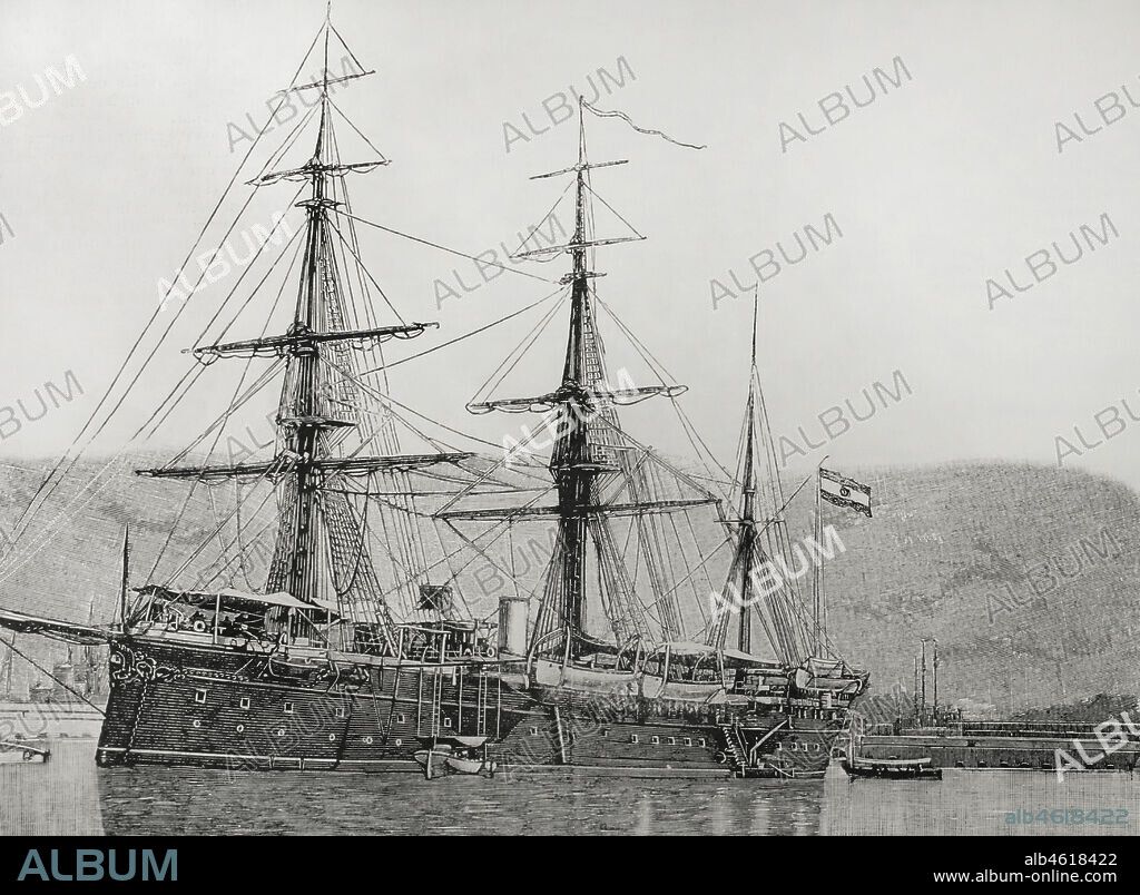 Guerra de Filipinas (1896-1898). Insurrección contra el gobierno colonial español. Crucero de 1ª clase, con casco de hierro, "Reina Cristina" (1892), buque insignia de la escuadra española en el combate naval de Cavite, Bahía de Manila (1 de mayo de 1898). Fotograbado. La Ilustración Española y Americana, 1898.