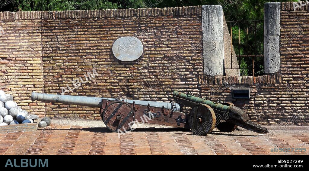 Decorative detail from the area surrounding Castel Sant'Angelo and the Ponte Sant'Angelo in Rome, Italy. Many decorative sculptural and architectural details adorn the length of the bridge, as well as the area surrounding it and the Castel Sant'Angelo. This image shows cannons.