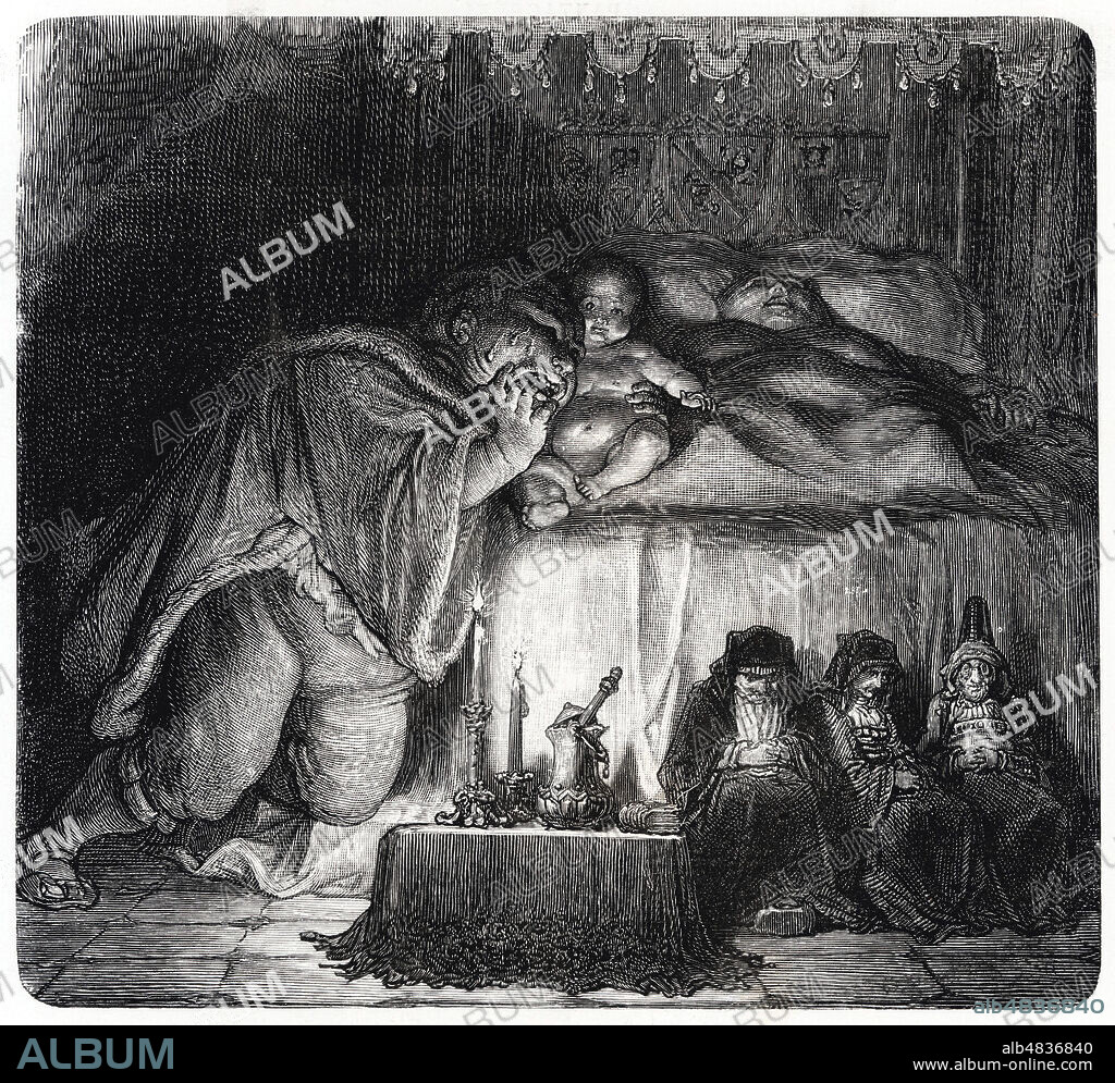 Naissance de Pantagruel et mort de Badebec la femme de Gargantua. Illustration de Gustave DORE (1832-1883) pour Pantagruel roi des Dipsodes tiree de l'ouvrage Oeuvres de Francois RABELAIS (1483-1553). (Livre 2, Chapitre III). Edition de 1873. Credit : Collection KHARBINE-TAPABOR.