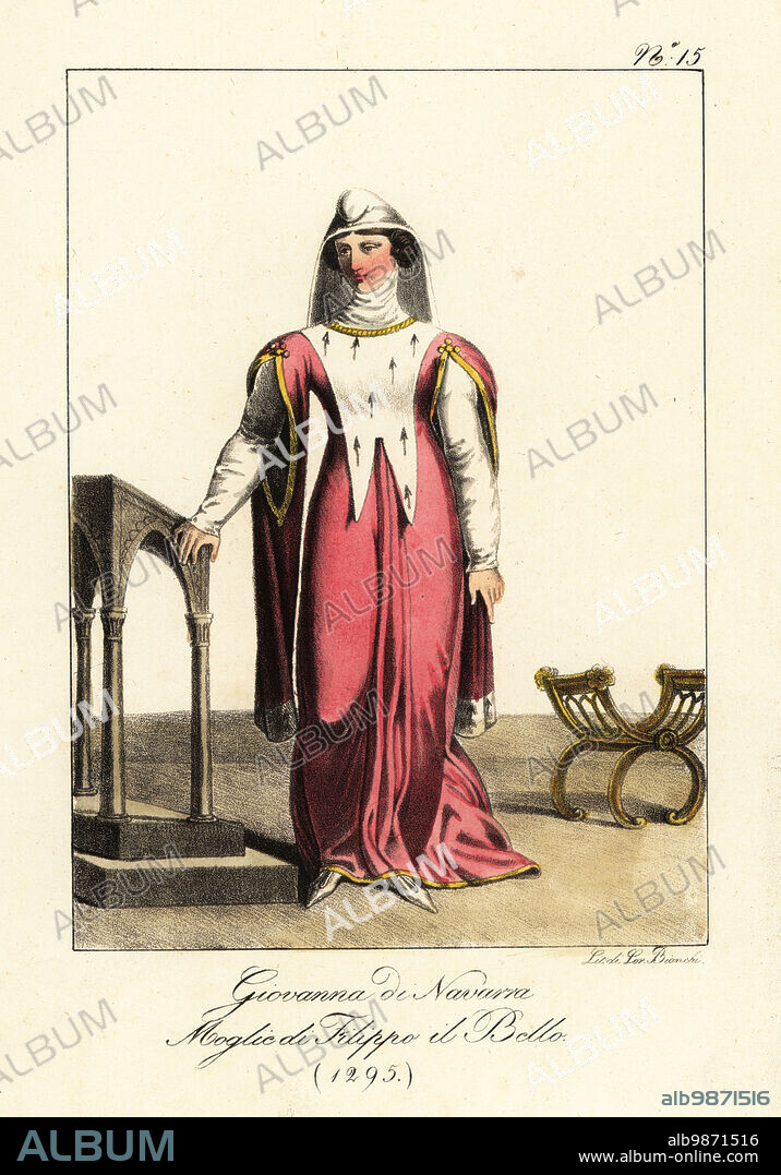 Joan I, Queen of Navarre, Countess of Champagne, Queen of France by marriage to King Philip IV. In cap with veil and coif, pink gown with ermine collar, white undergown, slippers. With church lectern and stool. Jeanne de Navare, Femme de Philippe le Bel, 1295. Handcoloured lithograph by Lorenzo Bianchi after Hippolyte Lecomte from Costumi civili e militari della monarchia francese dal 1200 al 1820, Naples, 1825. Italian edition of Lecomtes Civilian and military costumes of the French monarchy from 1200 to 1820.