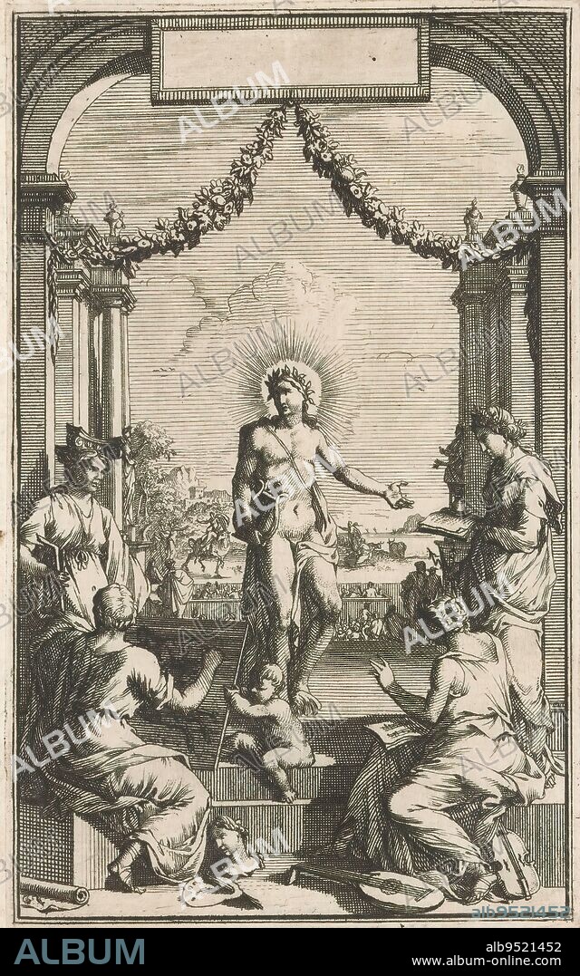Apollo and four muses, Apollo with lyre on a stage is surrounded by four muses., print maker: anonymous, 1600 - 1700, paper, engraving, height 109 mm × width 67 mm.