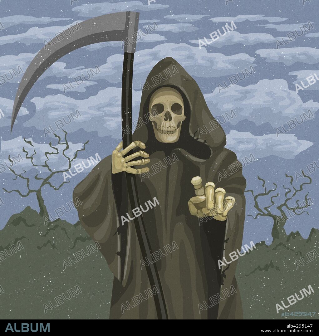 Grim reaper holding scythe and pointing.