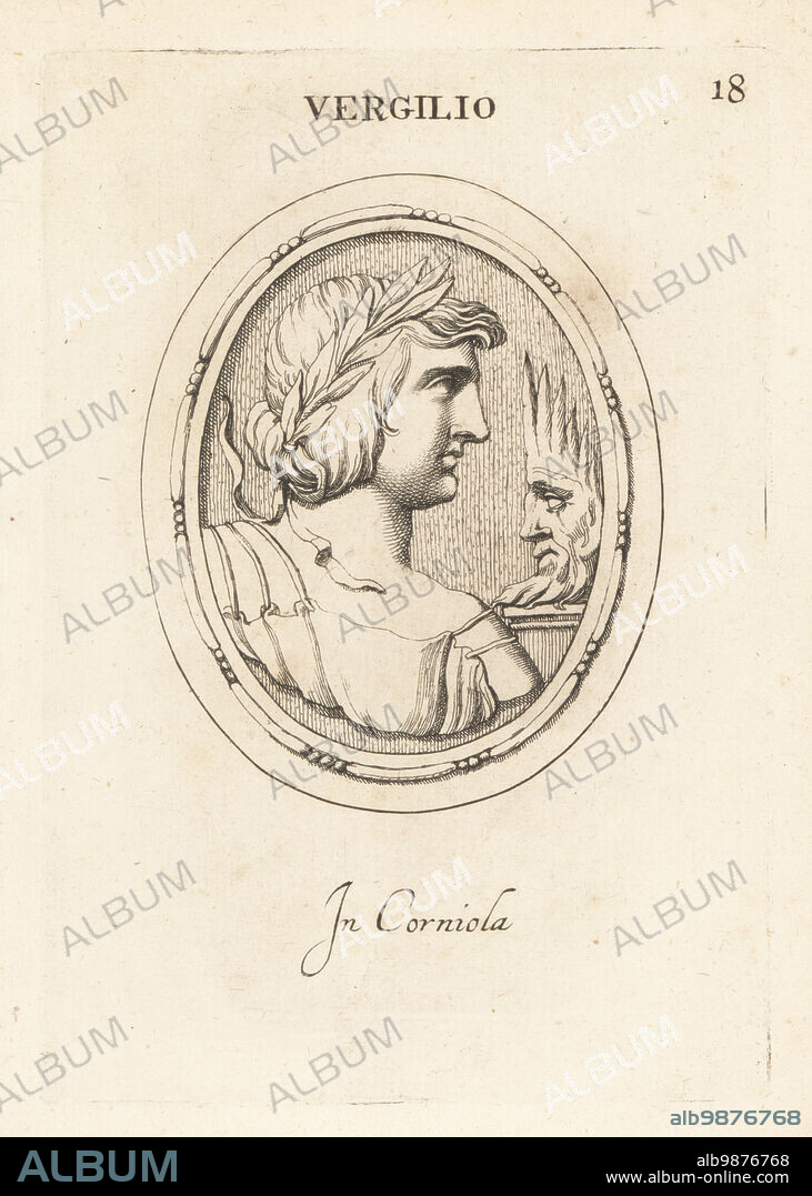 Bust of Virgil or Vergil, ancient Roman poet, author of the Aenied, 7019 BC. In laural wreath facing a Bucolic mask. Publius Vergilius Maro. Virgil. in carnelian. Virgilio. In corniola. Copperplate engraving by Giovanni Battista Galestruzzi after Leonardo Agostini from Gemmae et Sculpturae Antiquae Depicti ab Leonardo Augustino Senesi, Abraham Blooteling, Amsterdam, 1685.