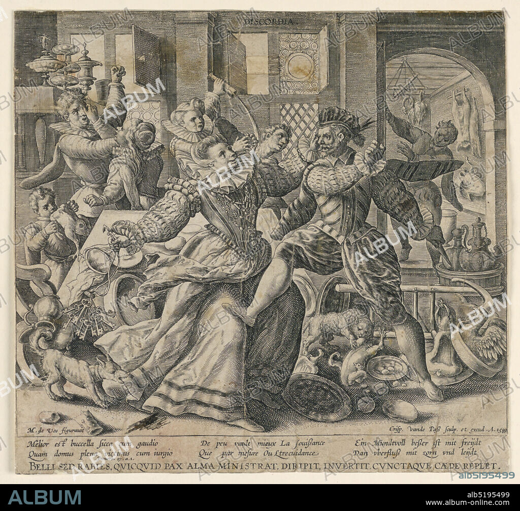 Discord: The Good and the Bad Household, Crispijn de Passe the Elder, Dutch, ca. 1565 - 1637, Marten de Vos, Flemish, 1532-1603, Engraving with black ink on paper, Horizontal rectangle. Interior, with men and women reacting violently toward one another amidst a scene of confusion. In the foreground a woman, at left, swings her keys toward a man holding a knife. In the background two couples are battling. Title in plate above, center. At lower left: 'M. de Vos figuravit.' At lower right: 'Crisp. van de Pass Sculp. et excud. A. 1589.' Followed by proverb in three languages., Netherlands, 1589, figures, Print, Print.