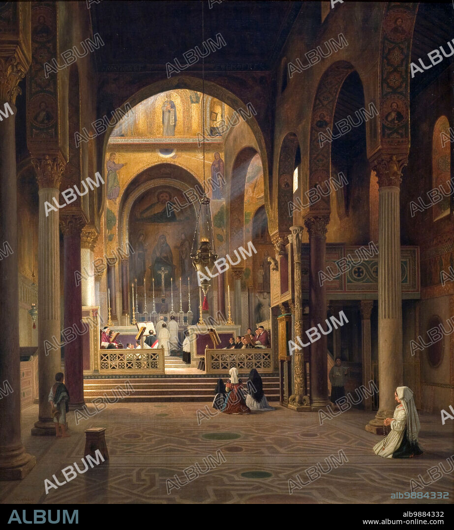 The interior of the Capella Palatina in Palermo around 1850, the palace chapel was built in the Norman-Arabic-Byzantine style as the court chapel of the Palazzo dei Normanni of Palermo from 1132 to 1140 AD under King Roger II, Sicily, Italy, Historic, digitally restored reproduction from a 19th century original.